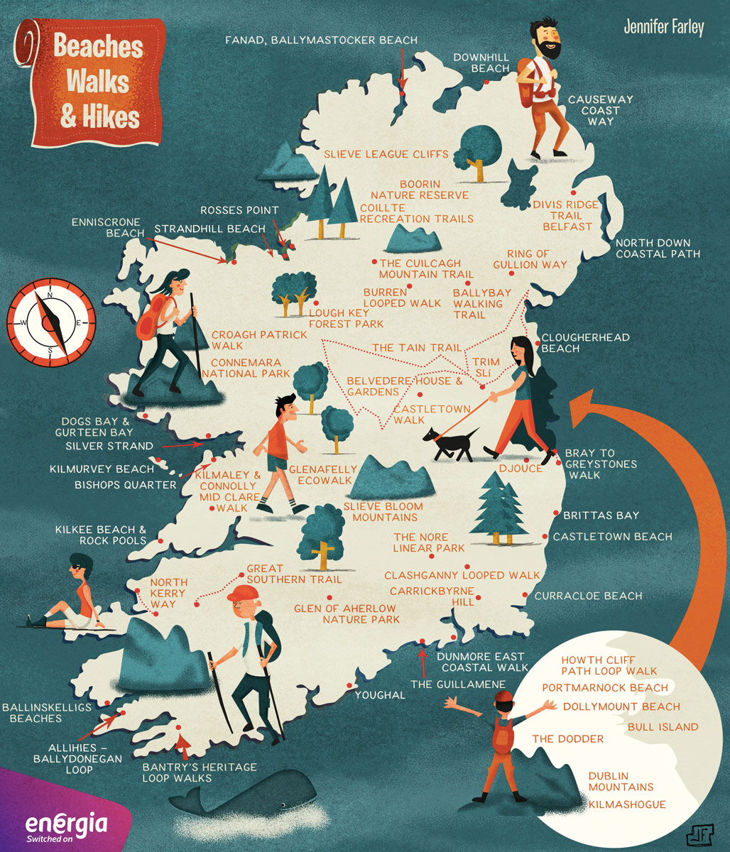 Hikes Walks Beaches in Ireland Map illustrated by Jennifer-Farley
