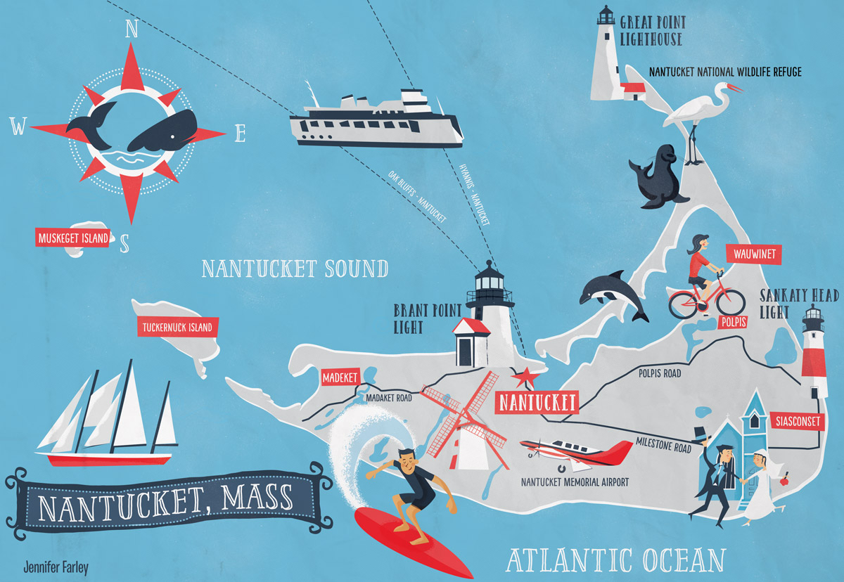 Nantucket Island Map illustrated by Jennifer Farley