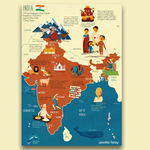Map of India illustrated by Jennifer Farley 1