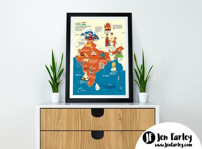 Map of India illustrated by Jennifer Farley Framed