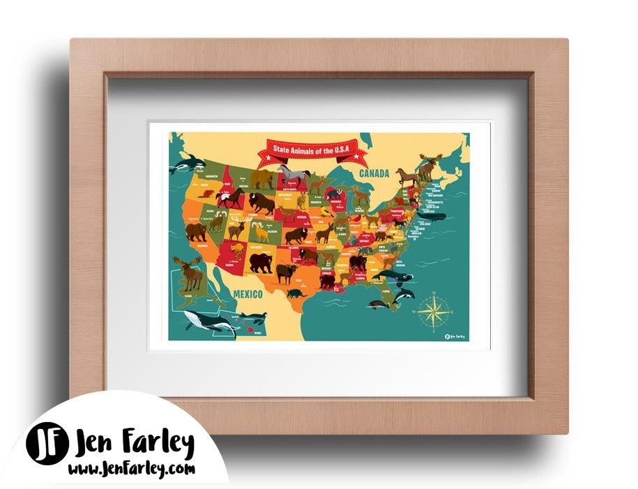 State Animals Of The USA Illustrated Map | Jennifer Farley