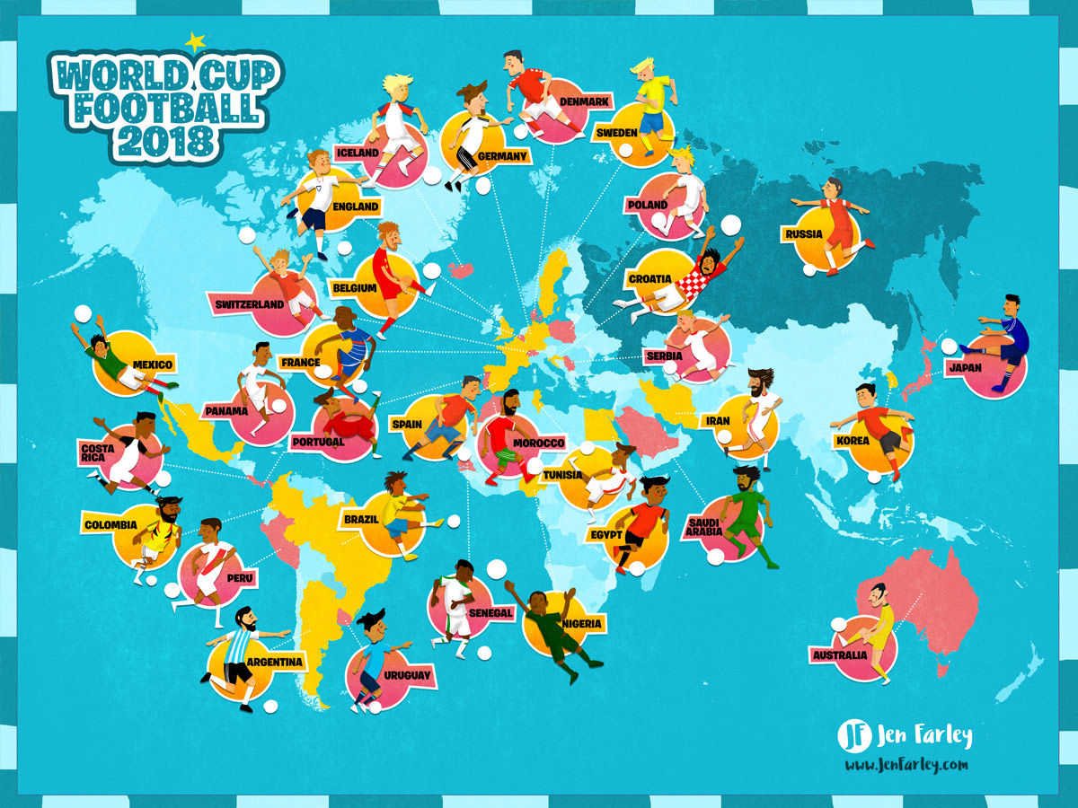 Football World Cup Illustrated Map by Jennifer Farley