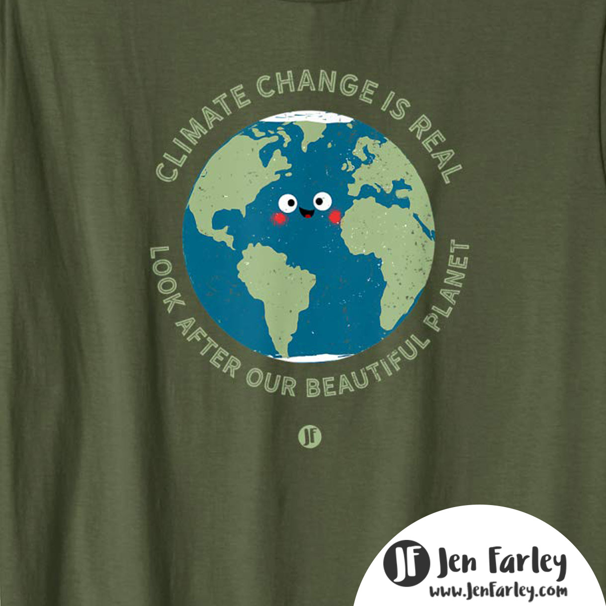 Climate Change Tshirt Green closeup Jennifer Farley