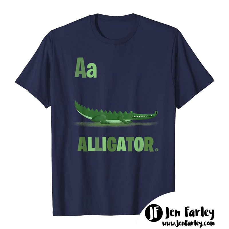 A is for Alligator Navy Tshirt illustrated by Jennifer Farley