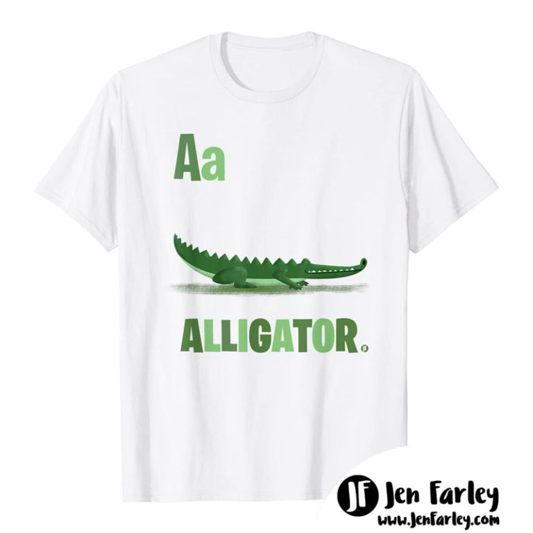 A is for Alligator White Tshirt illustrated by Jennifer Farley