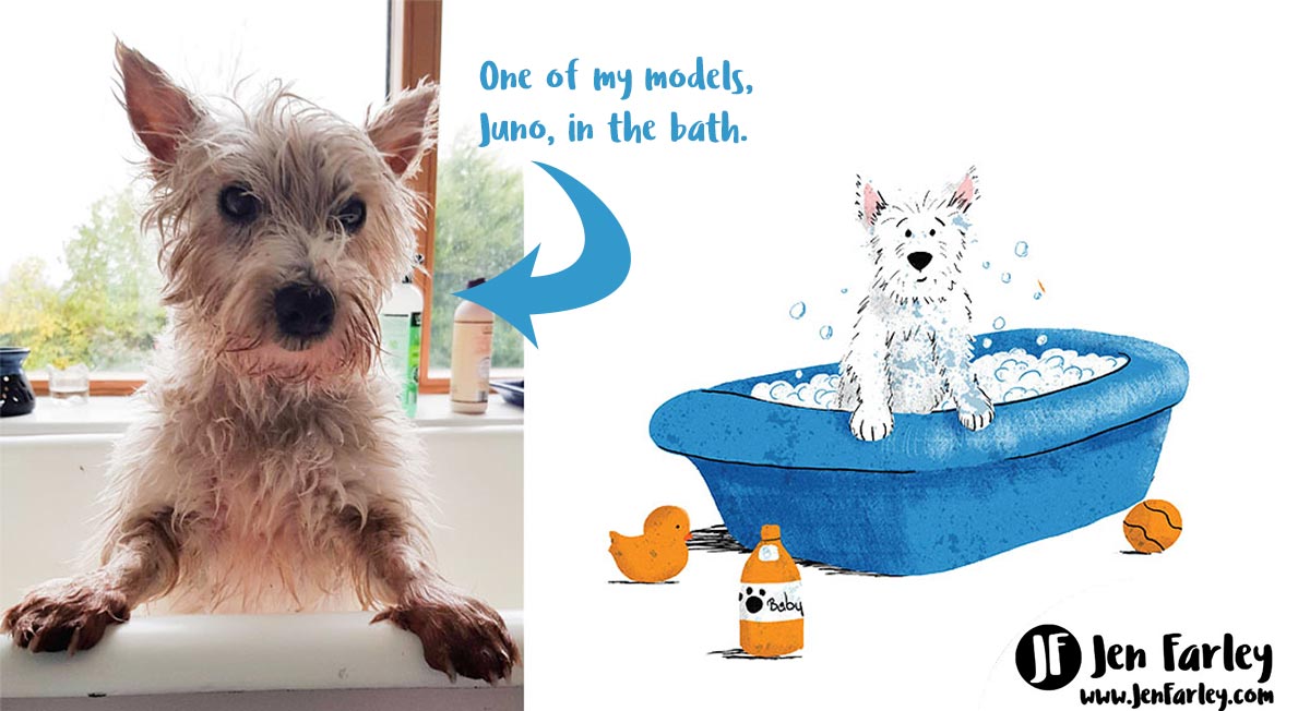 Juno And Dog In Bath Illustration by Jennifer Farley