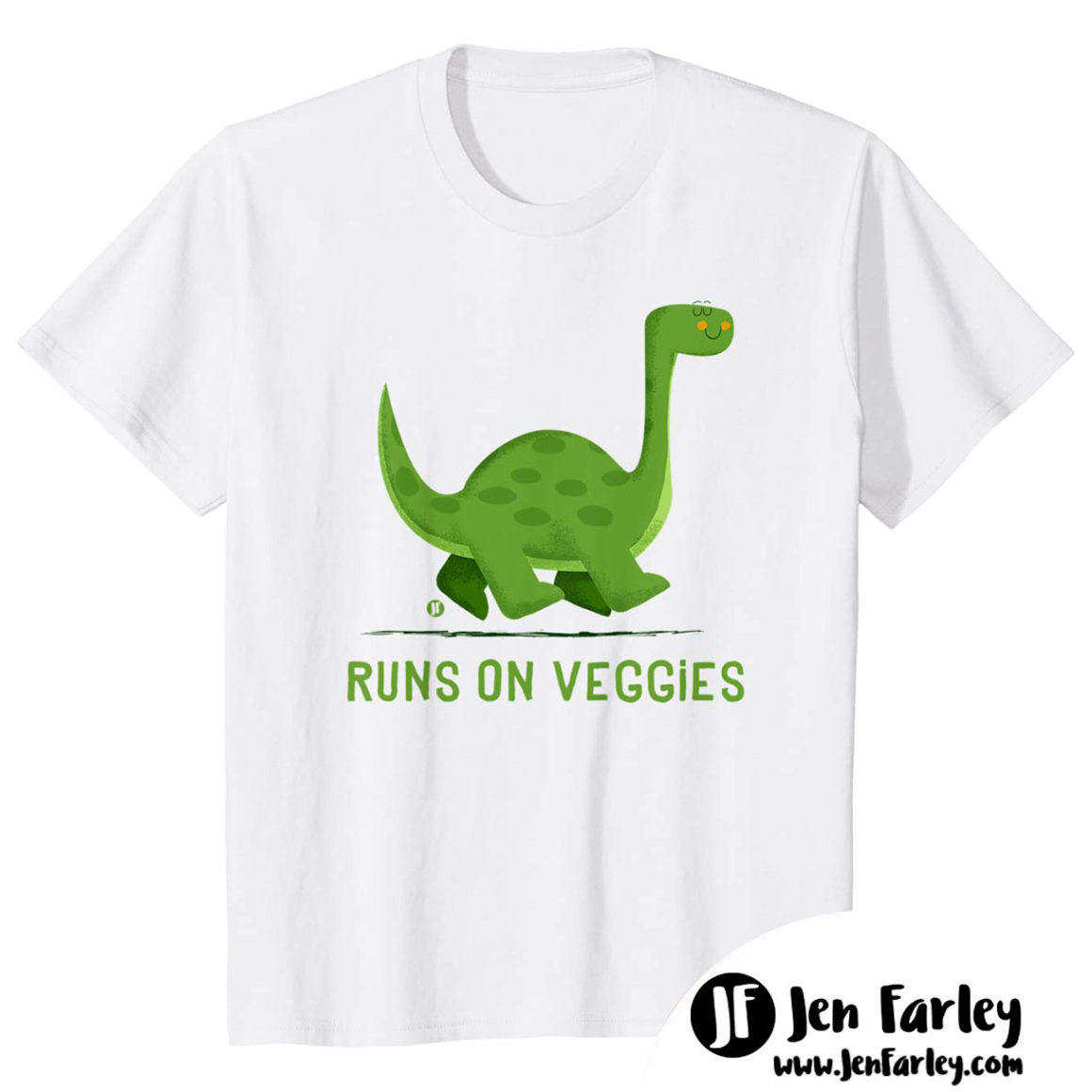 Dinosaur Runs On Veggies white tshirt Jennifer Farley