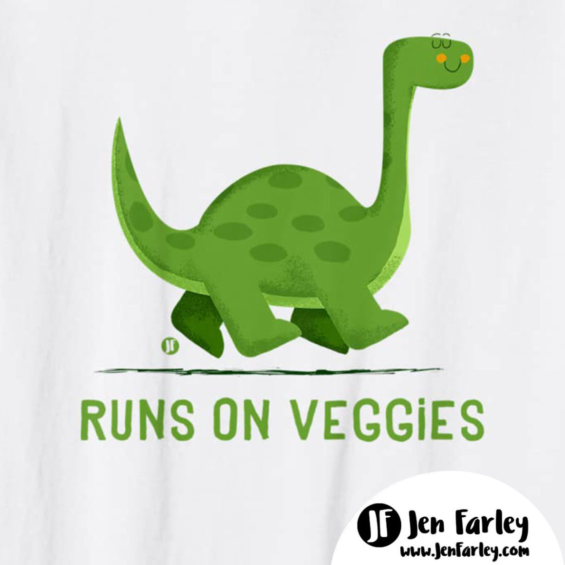 Dinosaur Runs On Veggies white tshirt closeup Jennifer Farley 1