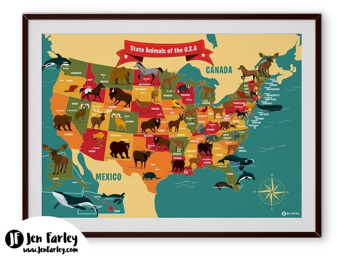 State Animals Of The USA Illustrated Map | Jennifer Farley