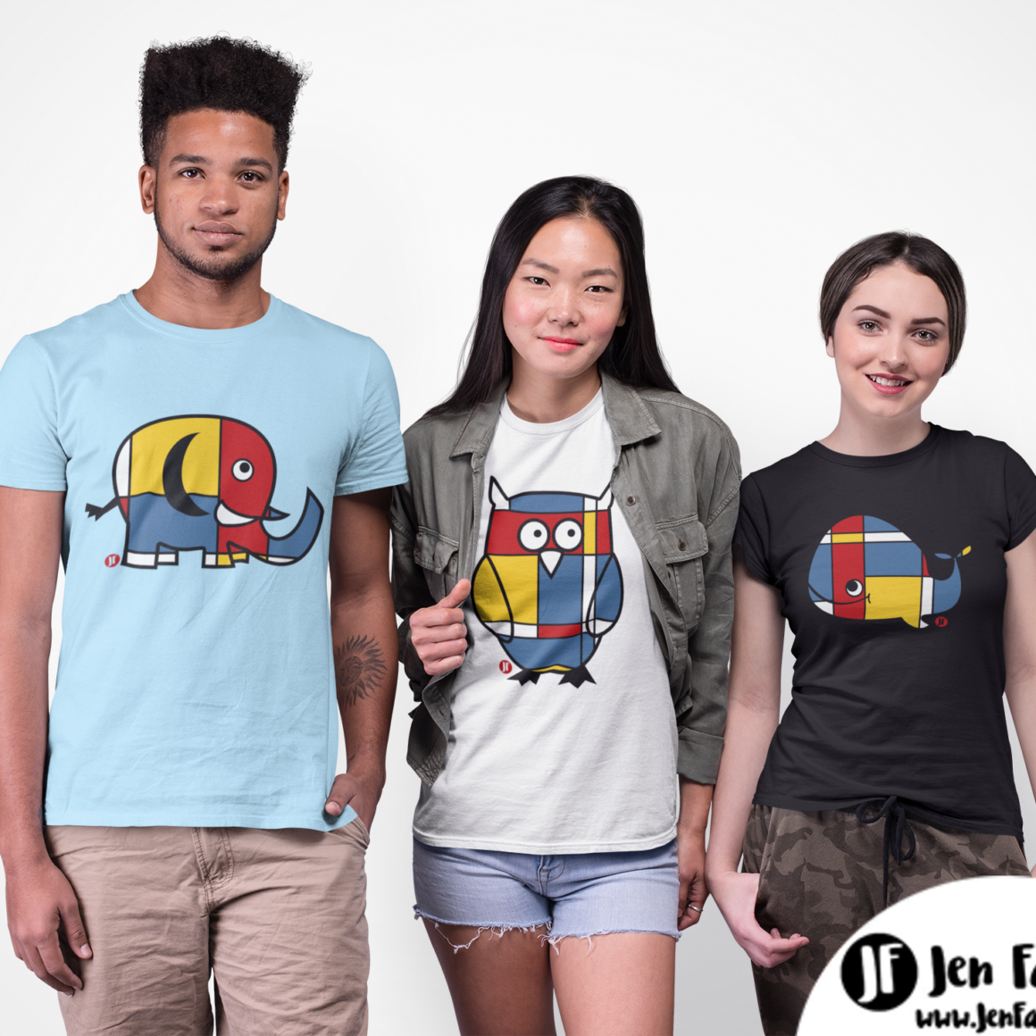 Three Friends Wearing Mondrian Animals Tshirts By Jennifer Farley