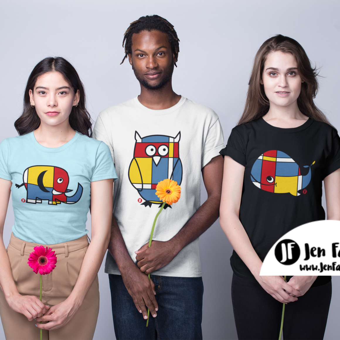 Three People Wearing Mondrian Animals Tshirts By Jennifer Farley