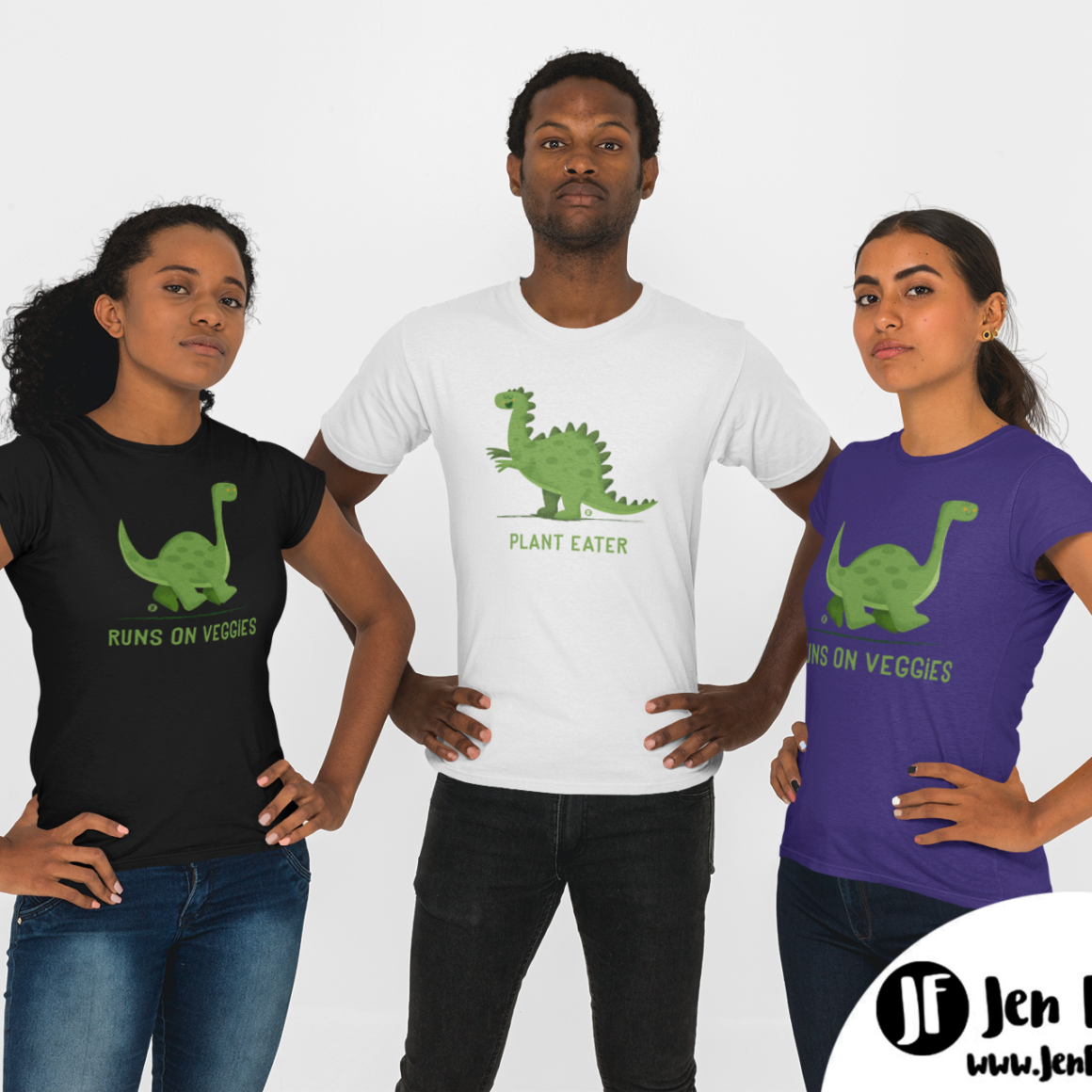 t shirt mockup of a man and two women striking a power pose dinosaur tshirts