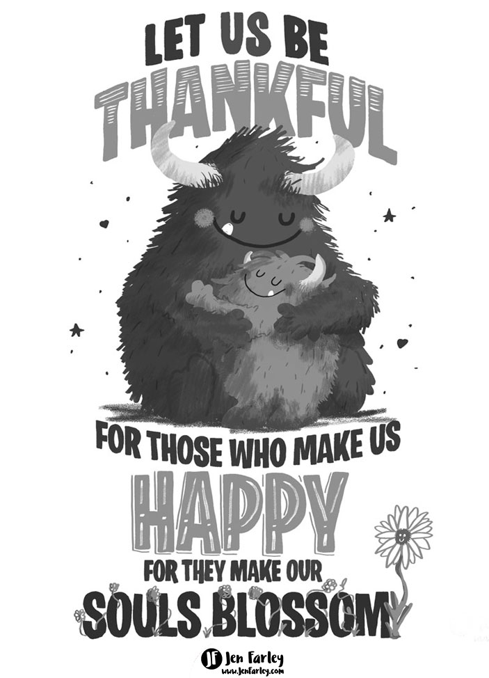 Let Us Be Grateful Gratitude Illustration Black and white Jennifer Farley