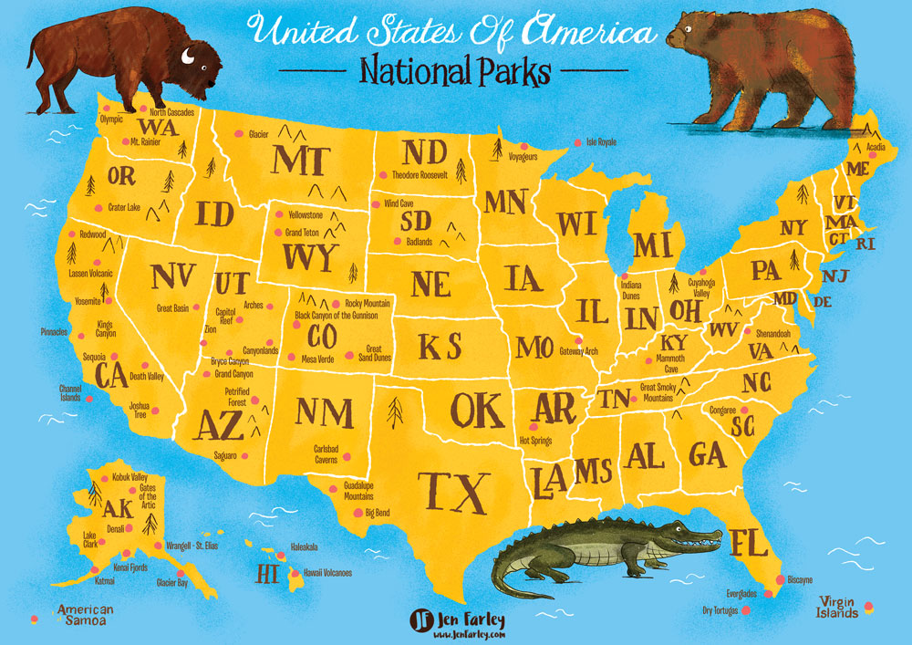 MAP OF USA National Parks Illustrated by Jennifer Farley 2 2