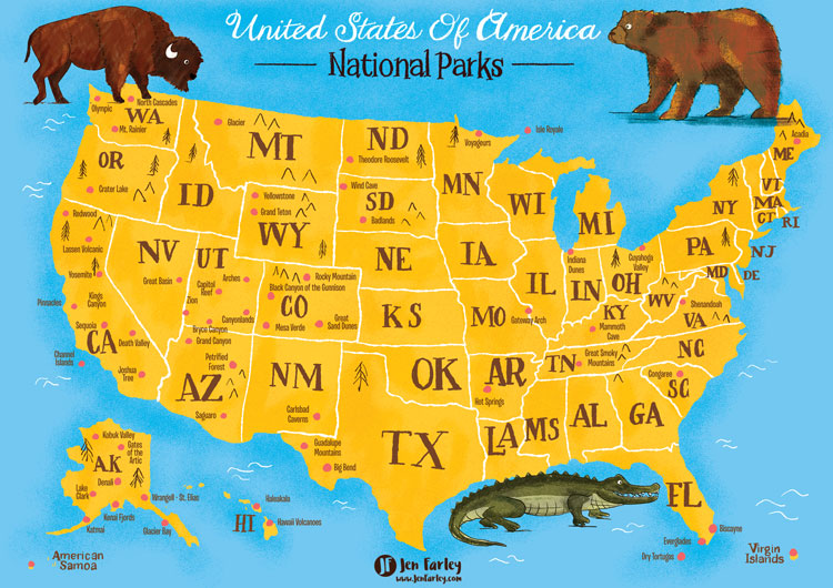 MAP OF USA National Parks Illustrated by Jennifer Farley Featured