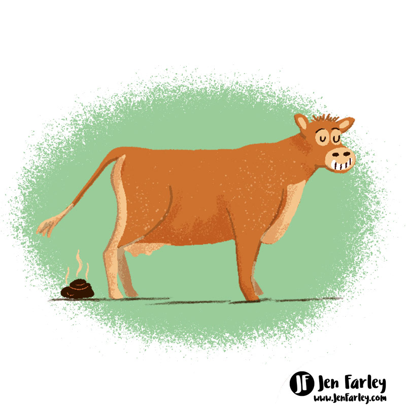 Cow and cow dung illustrated by Jennifer Farley