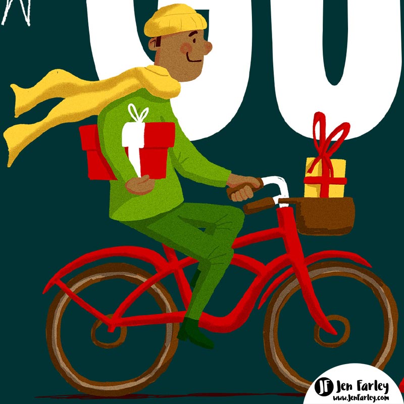 Man on bicycle with Christmas Gifts