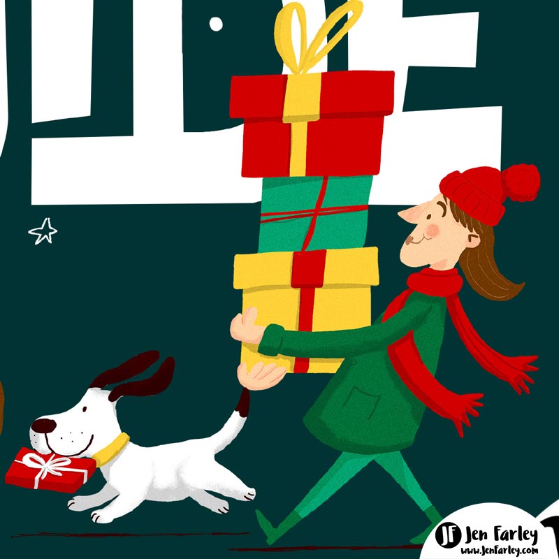 Woman and dog with Christmas Gifts Jennifer Farley 1