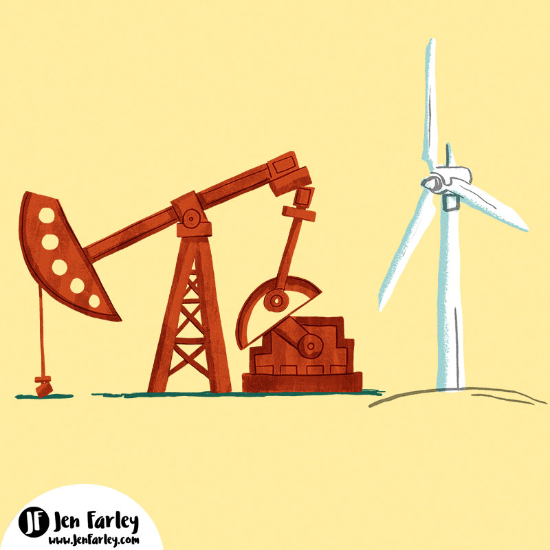 California Oil Rigs Wind Power Illustration Jennifer Farley