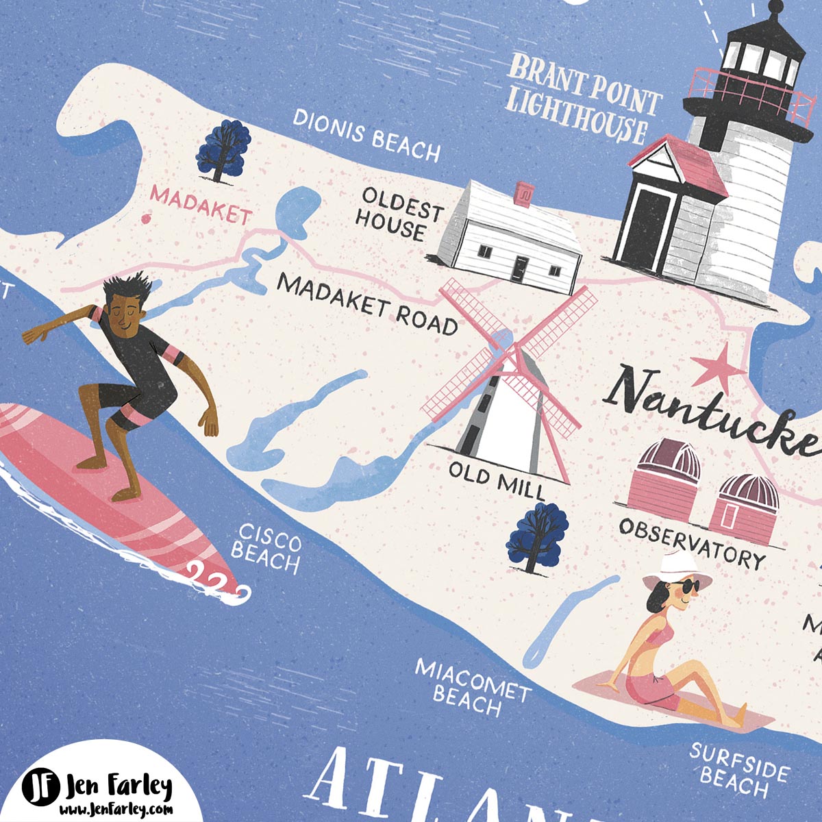 Nantucket Island Map Jennifer Farley Closeup