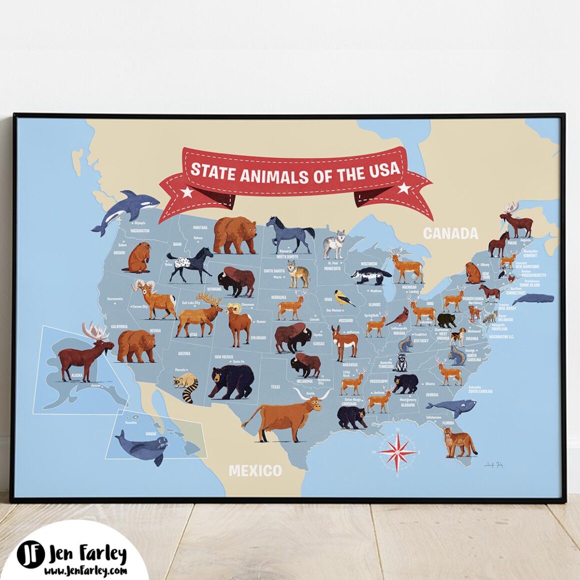 State Animals USA Map Jennifer Farley Framed
