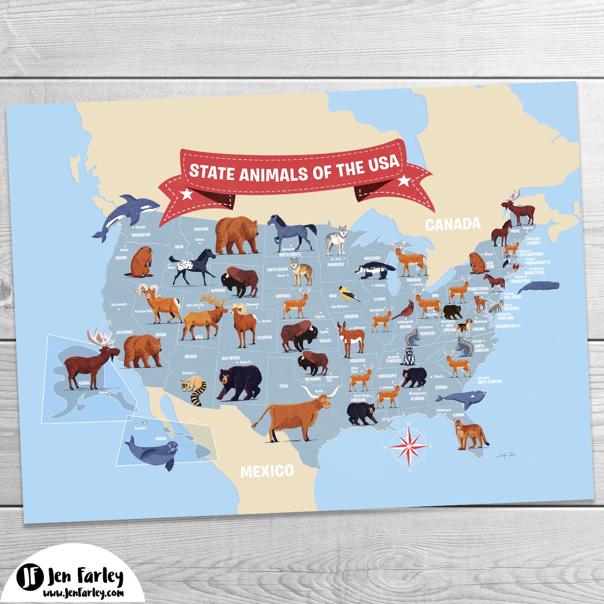 State Animals USA Map Jennifer Farley Art Print