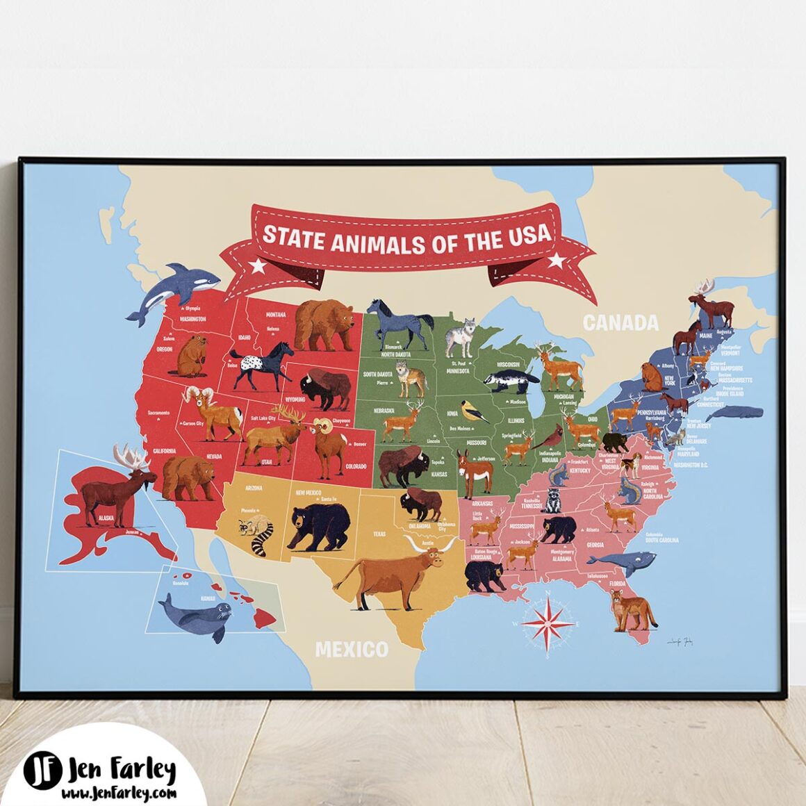 USA State Animals Map Jennifer Farley Framed