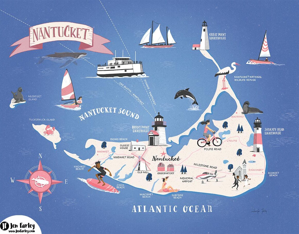 Nantucket Island Map USA illustrated by Jennifer Farley